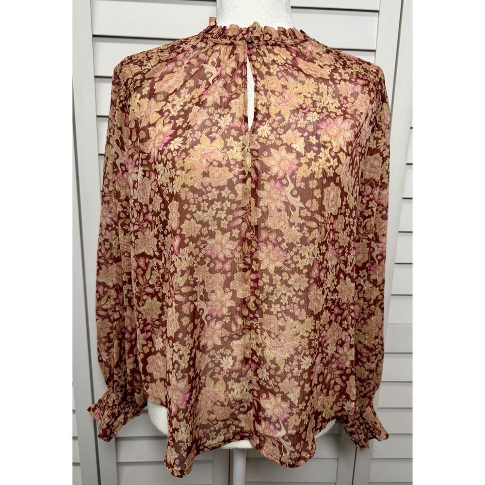 Joie Floral Balloon Sleeve Smocked Ruffle Metallic Top Women's Size Small